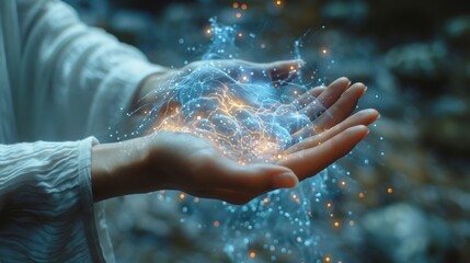 A hand presenting a glowing energy orb with electricity and fire elements showing a concept of magic or advanced technology