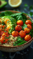 Quinoa salad with spinach, avocado and tomatoes. AI Generative