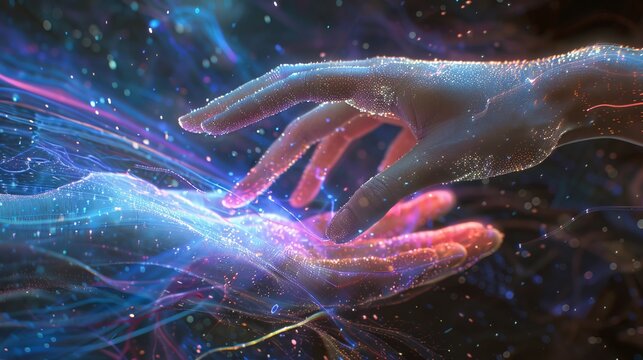 A woman's hand is depicted delicately touching the Metaverse universe, symbolizing the concept of digital transformation in the next generation of technology.