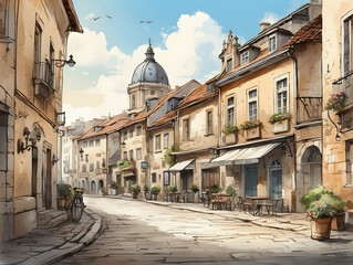 Fototapeta premium European street scene with café and dome