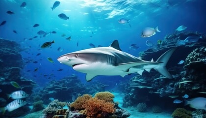 Fototapeta premium The great White Shark in the ocean, portrait of White shark hunting prey in the underwater
