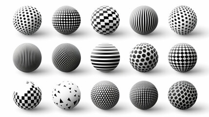 Dotted halftone 3D sphere. Striped and checkered spheres with triangle, hexagon and circle particles, halftone balls. Halftone gradient texture on globe vector orb set 3D avatars set vector icon, whit