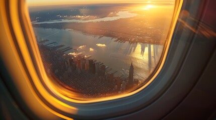 Fototapeta premium Scenic Sunset View from Airplane Window, Aerial Cityscape Glow. Travel Photography, Concept of Flying, Travel, and Adventure. AI