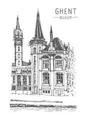 Travel sketch of Ghent, Belgium. Historical building line art. Freehand drawing. Hand drawn travel postcard. Hand drawing of Ghent. Urban sketch in black color isolated on white background.