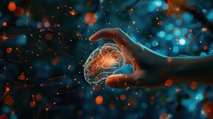 Hand touching futuristic virtual digital brain of artificial intelligence technology. Generated AI