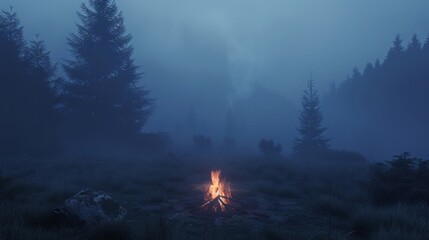 Serene campfire by a foggy lakeside for outdoor adventure themes