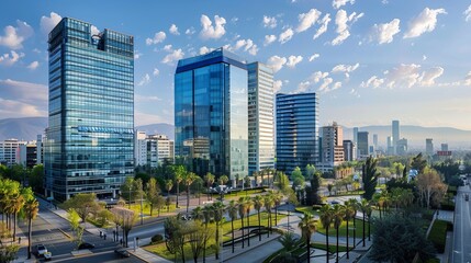 The image depicts modern office buildings situated in the Providencia district of Santiago de Chile.