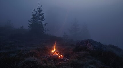 Serene campfire scene in a foggy wilderness at dusk for outdoor and adventure designs