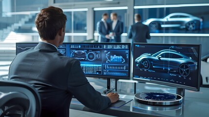 Professional designer working on a futuristic car project in a high-tech office. Innovation in automotive design. Modern workspace. AI