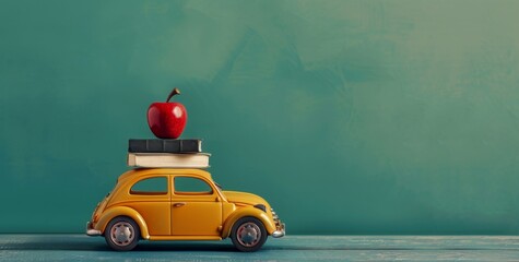Miniature yellow toy car with books and a red apple on a teal background - Powered by Adobe
