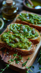 Healthy food. Rye bread with guakomole, avocado pasta on wooden cutting board. Avocado toast for breakfast. AI Generative