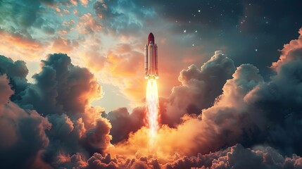 Obraz premium Startup Business Opportunity: The rocket launch signifies the start of a new business venture or entrepreneurial endeavor. It represents the opportunity for growth, success, 