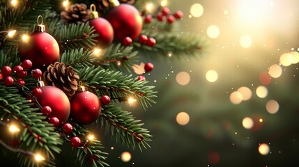 Obraz premium Festive christmas ornaments and free space on green background for holiday decorations