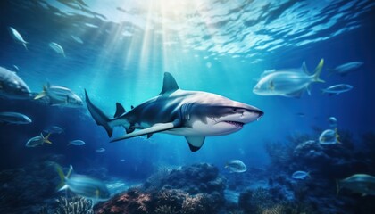 Fototapeta premium The great White Shark in the ocean, portrait of White shark hunting prey in the underwater