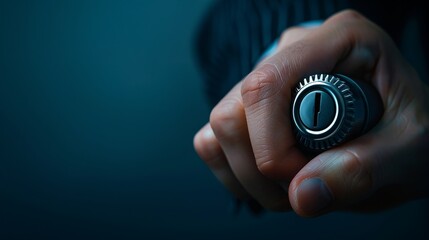 
The image depicts the concept of trust in business through a metaphorical representation of a hand turning a knob up to the maximum level.