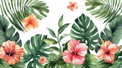 Selbstklebende Fototapeten A vibrant watercolor painting showcasing a tropical scene with lush green palm leaves and blooming hibiscus flowers in beautiful detail. © Wit_Photo
