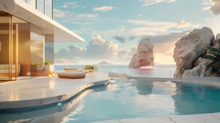 Design a podium that encapsulates the essence of a sun-soaked vacation, where every detail is rendered in stunning 8K resolution for an immersive viewing experience