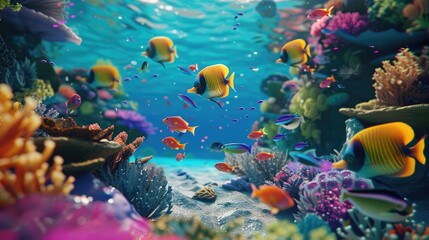 Obraz premium A vibrant 3D illustration depicting colorful tropical fish swimming in a coral reef beneath the sea