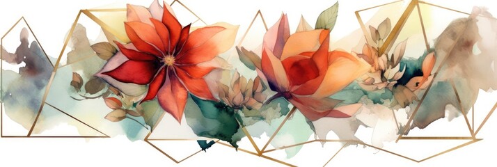 Abstract geometric watercolor banner with dynamic shapes and splatters. Red flower and leaves line arrangement or composition with white background. Modern art concept for creative design. AIG35.