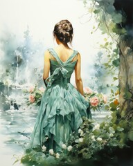 Watercolor background of a wedding woman walking in a fairy garden