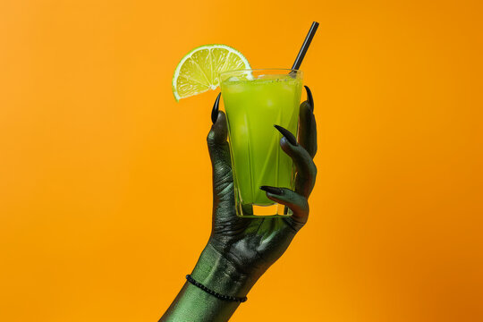 a witches hand with black finger nails holding a fancy cocktail. Halloween party