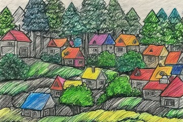 Abstract background a simple yet expressive child's artwork, where colored pencils have been used to create a lively street lined with houses and trees.
