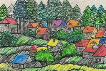 Obraz premium Abstract background a simple yet expressive child's artwork, where colored pencils have been used to create a lively street lined with houses and trees. 