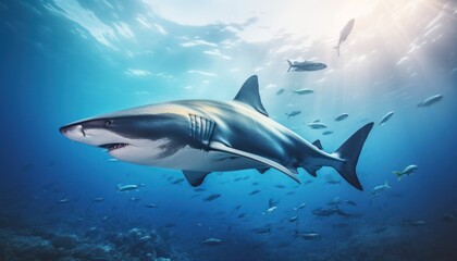 The great White Shark in the ocean, portrait of White shark hunting prey in the underwater