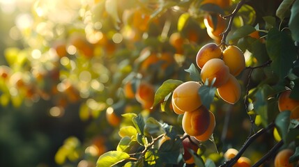 Sun-kissed Apricots Hanging on Branches, Fresh Fruit Trees in Orchard, Nature's Bounty. Ideal for Food Blogs and Magazines. AI
