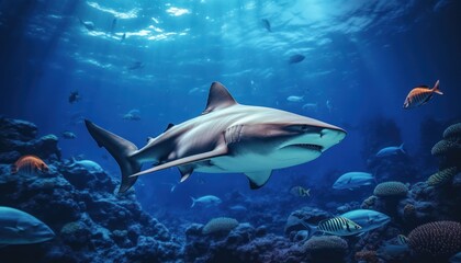 The great White Shark in the ocean, portrait of White shark hunting prey in the underwater