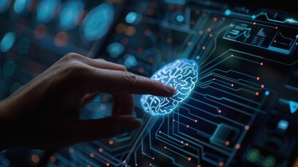 Hand touching futuristic virtual digital brain of artificial intelligence technology. Generated AI