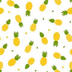 Colorful vector summer seamless pattern with illustration of fruits, strawberry, lemon, pineapple, cherry, kiwi, hearts on a white background