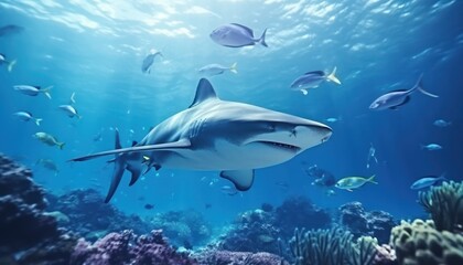 Fototapeta premium The great White Shark in the ocean, portrait of White shark hunting prey in the underwater