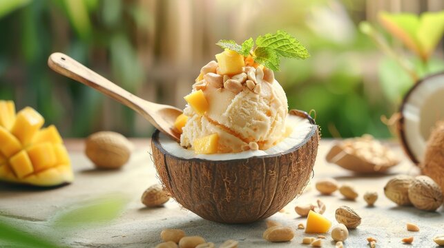 Fresh Thai coconut ice cream in young coconut shell. Topped with roasted peanuts and diced mango. Concept of tropical desserts, Asian cuisine, exotic flavors, traditional dish, delightful presentation