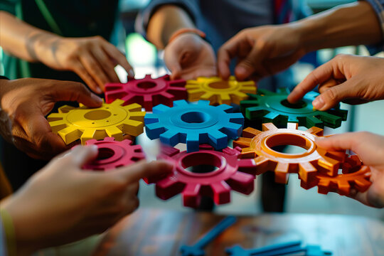Close up of a team of business people holding colorful gears in their hands working together