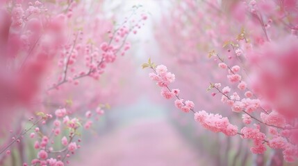 Fototapeta premium A row of trees with pink leaves are in front of a blue sky
