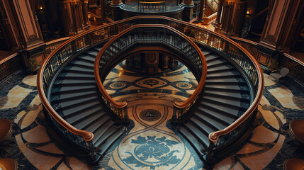 Elegant Symmetry: Twin Spiral Staircases in Opulent Hotel Foyer