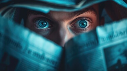Professional smart journalist looking at camera while covering with newspaper. Close up of attractive energetic newspaper writer eye staring at camera with determination and confident in eye. AIG42.
