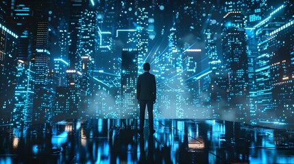 Man stands amidst glowing digital interfaces, futuristic data visualization scene. Concept of AI, big data, and cyber technology. AI