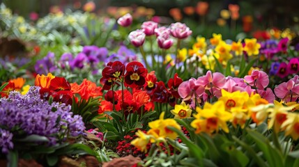Springtime Garden: In a vibrant springtime garden, flowers of various colors burst into bloom, creating a dazzling display of reds, pinks, yellows, and purples 