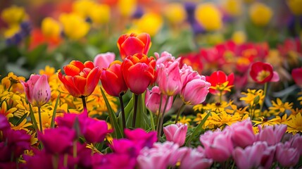 Fototapeta premium Springtime Garden: In a vibrant springtime garden, flowers of various colors burst into bloom, creating a dazzling display of reds, pinks, yellows, and purples 