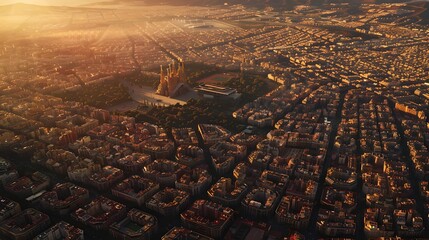 Obraz premium Aerial View of Urban Landscape at Golden Hour, Sunlight Bathing City Streets in Warm Glow. Perfect for Backgrounds and Real Estate Concepts. AI