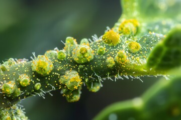 Fototapeta premium A close-up image of a plant stem with yellow fungal spores. The spores are round and smooth, and they are attached to the stem by a thin thread. The stem is green and hairy.
