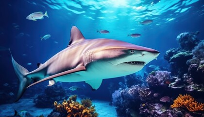 The great White Shark in the ocean, portrait of White shark hunting prey in the underwater