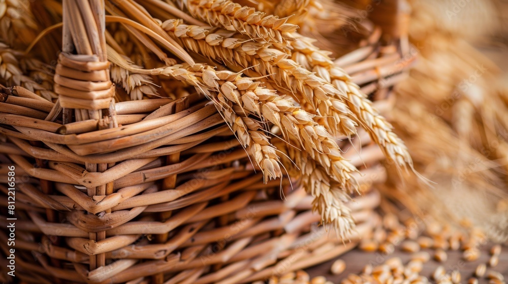 Aufkleber a round wicker basket overflows with golden wheat, its ripe ears and grains spilling out in abundanc
