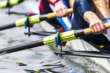 Synchronized rowers show perfect teamwork at summer olympics with precise oar coordination