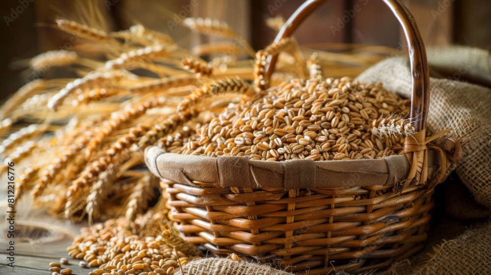Poster a rustic basket overflowing with golden wheat sits elegantly on a wooden table, evoking a sense of p