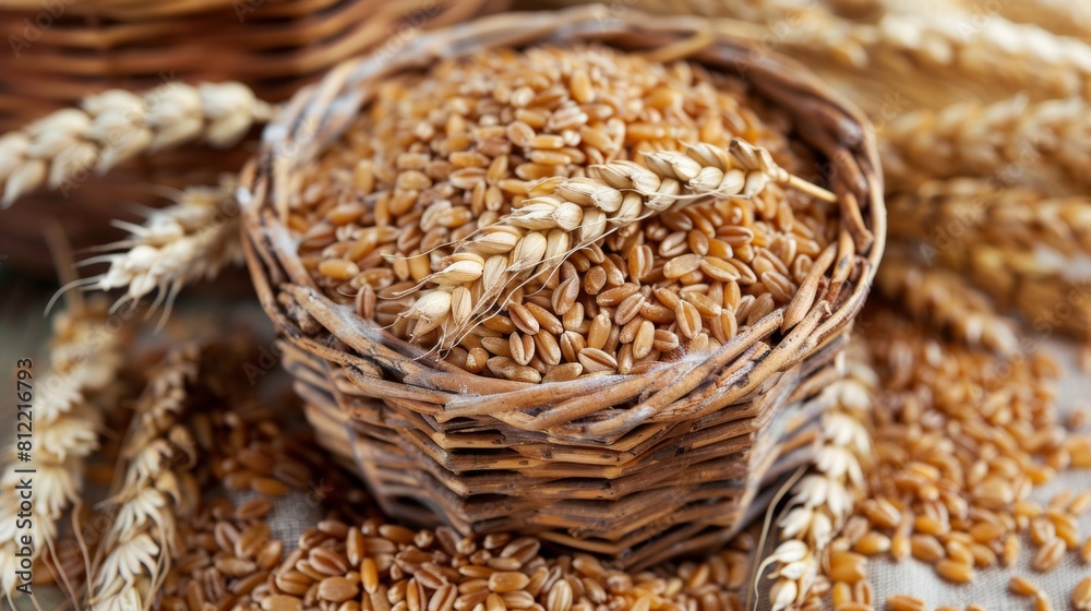 Poster a rustic basket overflowing with golden wheat sits atop a weathered wooden table. generative ai