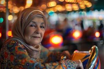 Obraz premium Serene older woman in a traditional dress sitting in a bright fairground with lit decorations