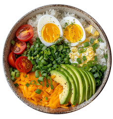 Nutritious Bowl of Rice With Peas, Tomatoes, Eggs, and Avocado